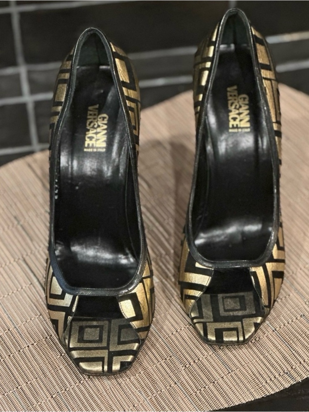 EUC Gianni Versace Gold and Black Geometric Peep-Toe Stiletto Runway Style - Picture 4 of 10